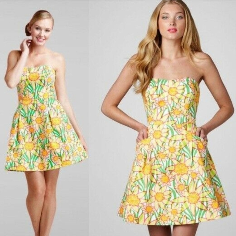 Lilly Pulitzer Strapless Blossom Dress Dobby Classic White Daffies Floral Size 0